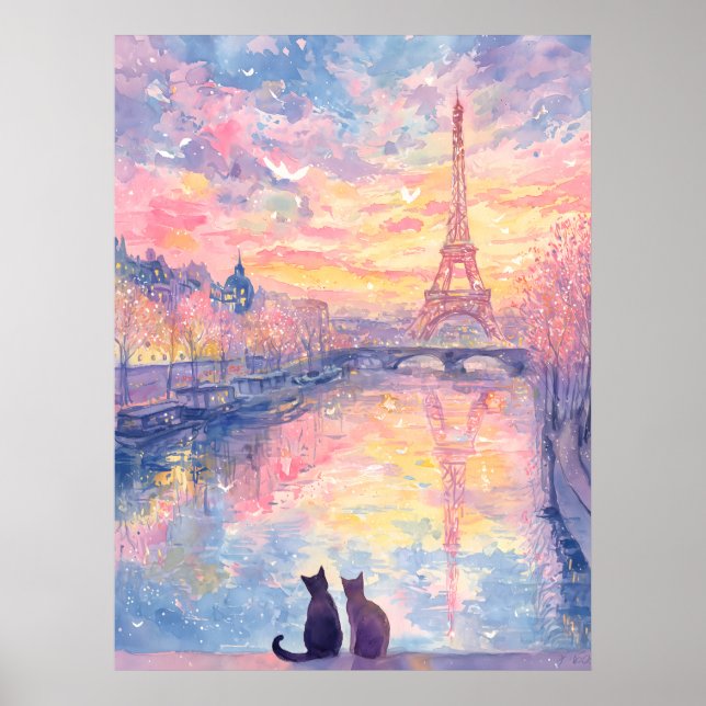 Romantic Cats in Paris Sunset – Watercolor Style Poster (Vorne)
