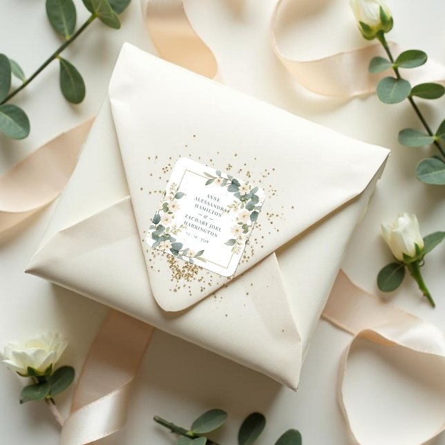 Romantic Charming Flowers & Branches Frame Wedding Quadratischer Aufkleber (Romantic Delicate Floral and Branch Frame Wedding Square Stickers.)