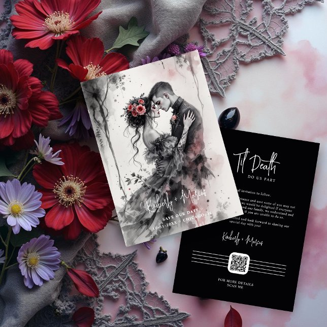 Romantic Chic Charming Gothic Couple Wedding  Save The Date (Romantic Chic Charming Gothic Couple Wedding Save the Date Cards with Back QR Code. )