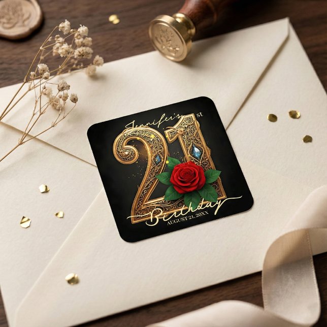 Romantic Chic Gold Filigree Red Rose 21st Birthday Quadratischer Aufkleber (Von Creator hochgeladen)