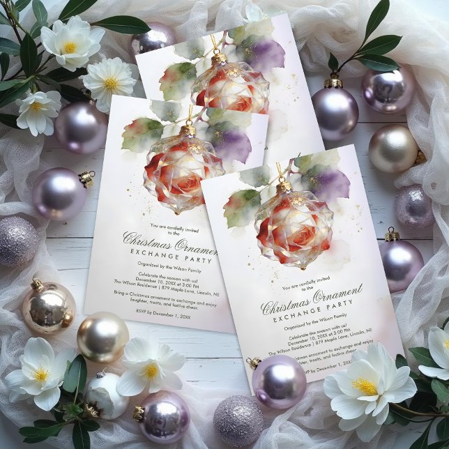 Romantic Christmas Ornament Shaped Like a Rose Einladung (Romantic Christmas Ornament Shaped Like a Rose Watercolor Effect Exchange Party Invitation Card.)