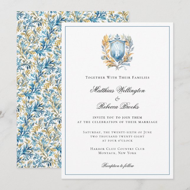 Romantic Classic Blue Crest Monogram Wedding Einladung (Vorne/Hinten)