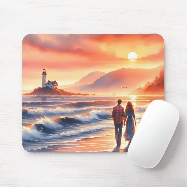 Romantic Coastal Sunset Lighthouse Walk Mousepad (Mit Mouse)