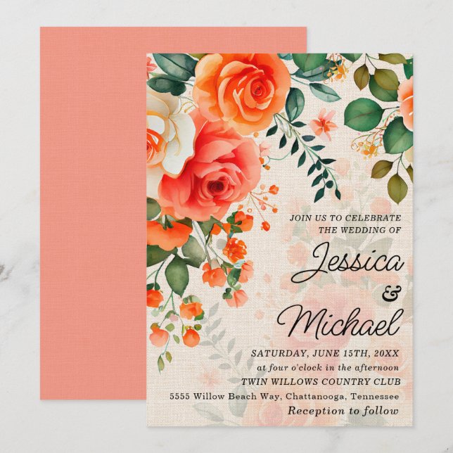 Romantic Coral Orange Floral  Einladung (Vorne/Hinten)