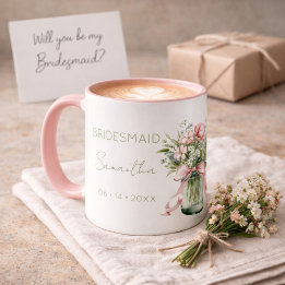Romantic Cottagecore Bridesmaid Name and Date Pink Tasse