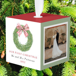 Romantic Couples Timeline Three Photo Christmas Würfelornament