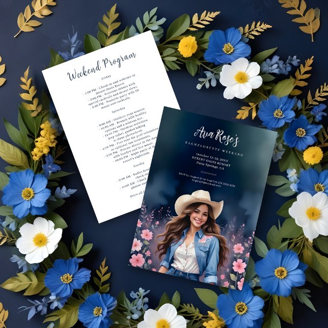 Romantic Cowgirl Pink Flowers Bachelorette Weekend Einladung (Romantic Cowgirl on Dark Background with Pink Flowers Bachelorette Weekend Invitation Card. )