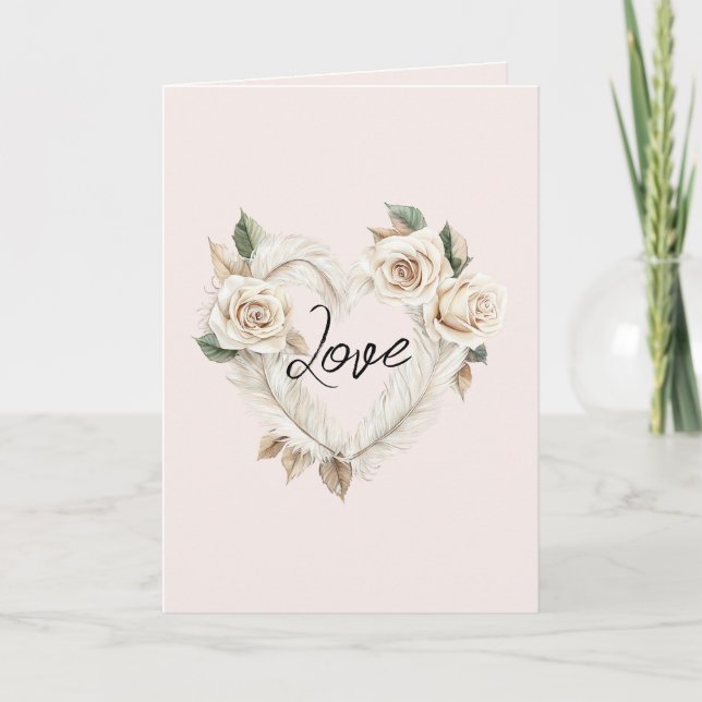Romantic Cream Blush Roses Feathers Floral Heart Karte (Vorderseite)