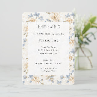 Romantic Cream Floral Blue Leaves Birthday Einladung
