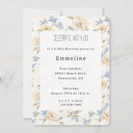 Romantic Cream Floral Blue Leaves Birthday Einladung