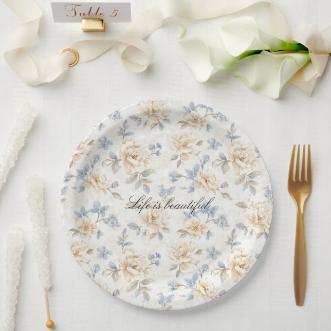 Romantic Cream Floral Blue Leaves Wedding Pappteller (Hochzeit)