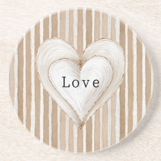 Romantic Cream Heart Brown Stripes Love Getränkeuntersetzer (Vorne)