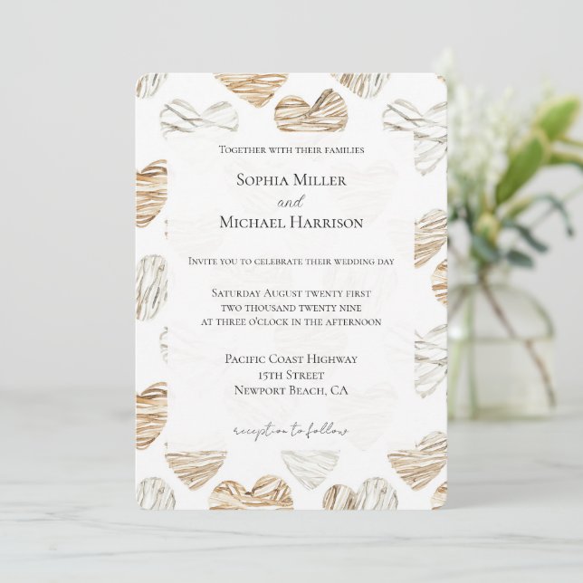 Romantic Cream White Hearts Wedding Einladung (Stehend Vorderseite)