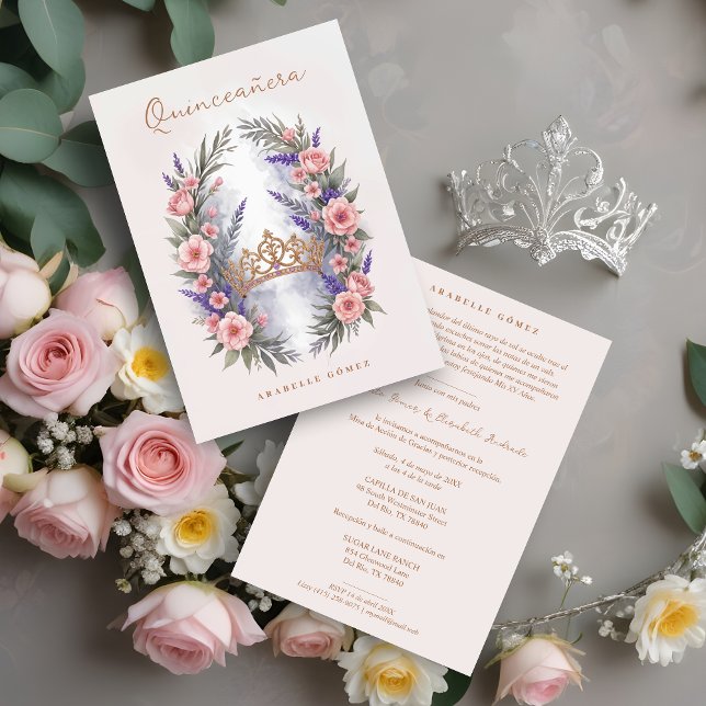 Romantic Cute Quinceañera Princess Tiara in Bloom Einladung (Romantic Cute Quinceañera Princess Tiara in Bloom Garland Invitation Card. )