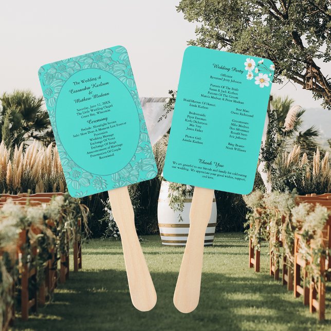 Romantic Daisies Floral Turquoise Wedding Programm Fächer (Romantic Daisies Floral Turquoise Wedding Program Hand Fan)