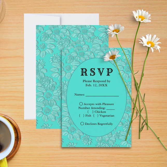 Romantic Daisies Turquoise Wedding RSVP Menu Card Karte (Romantic Daisies Turquoise Wedding RSVP Menu Card)