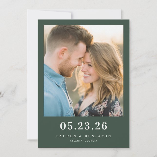 Romantic Dark Green Minimalist Photo Save The Date (Vorderseite)