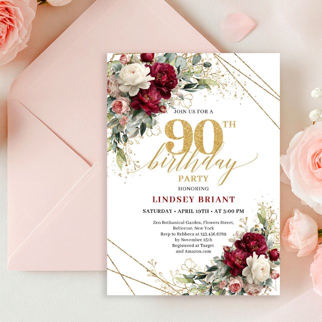 Romantic Deep Red Gold Floral 90th Birthday Invite Einladung (Romantic Deep Red Gold Floral 90th Birthday Invite Card

)