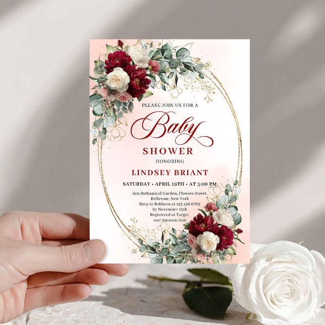 Romantic Deep Red Peony Baby Shower Invitation Einladung (Romantic Deep Red Peony Baby Shower Invitation)