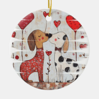 Romantic Dogs with Heart Balloons Keramik Ornament