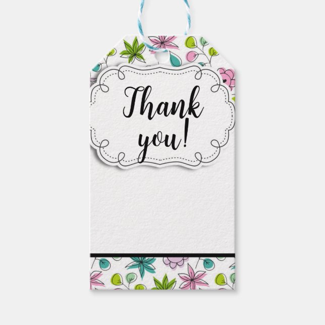 Romantic Doodle Floral & Blätter Vielen Dank Geschenkanhänger (Vorderseite)