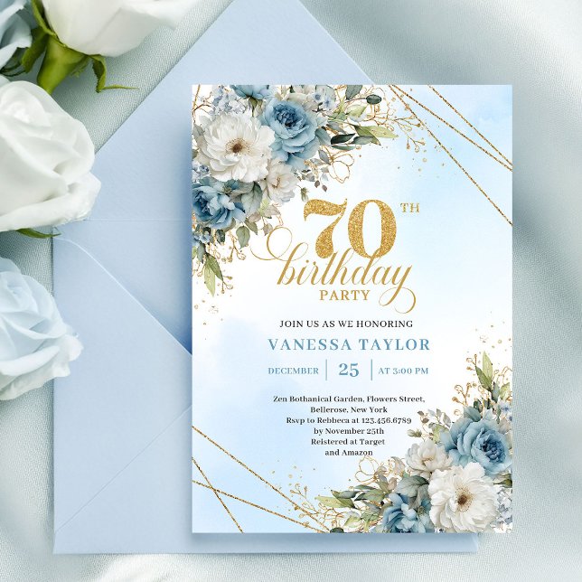 Romantic Dusty Blue 70th Birthday Invite Einladung (Romantic Dusty Blue 70th Birthday Invite)