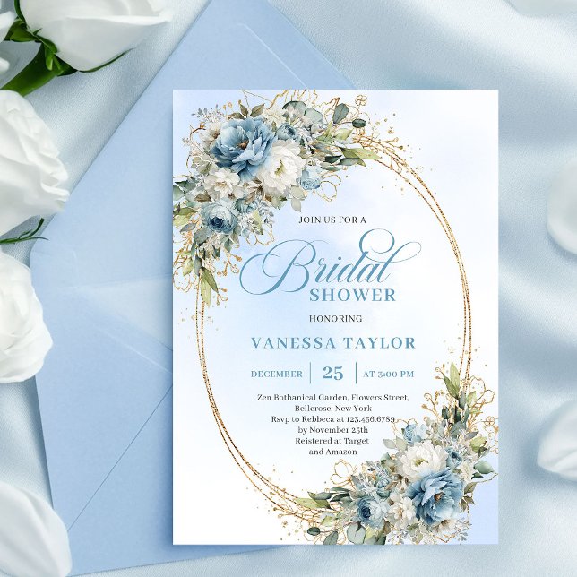 Romantic Dusty Blue Eucalyptus Gold Bridal Shower  Einladung (Romantic Dusty Blue Eucalyptus Gold Bridal Shower Invite)