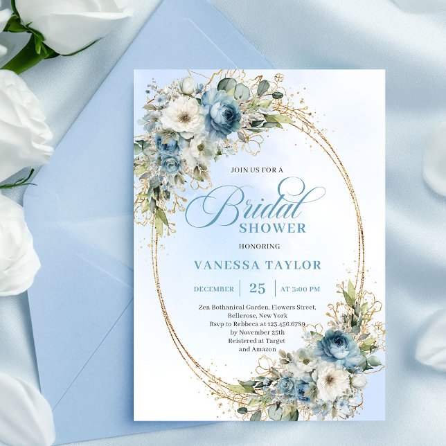 Romantic Dusty Blue Floral Gold Frame Bridal Showe Einladung (Romantic Dusty Blue Floral Gold Frame Bridal Shower Invite)