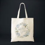 Romantic dusty blue floral mother of the groom tot tragetasche<br><div class="desc">Modern mother of the groom script with watercolor floral wreath in dusty blue and sage green,  elegant and romantic,   cute mother of the groom tote bags.</div>