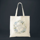 Romantic dusty blue floral mother of the groom tot tragetasche<br><div class="desc">Modern mother of the groom script with watercolor floral wreath in dusty blue and sage green,  elegant and romantic,   cute mother of the groom tote bags.</div>