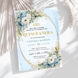 Romantic Dusty Blue Gold Greenery Quince Invites Einladung