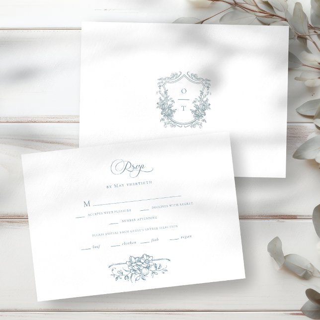 Romantic Dusty Blue Line Art Floral Wedding RSVP Karte (Von Creator hochgeladen)