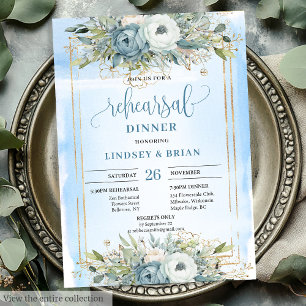 Romantic Dusty Blue Peonies Gold Frame Dinner Card Einladung