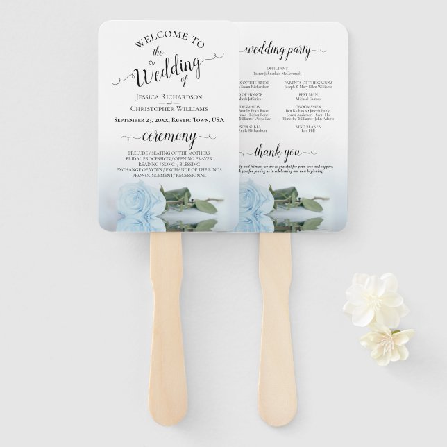 Romantic Dusty Blue Rose Elegantes Hochzeitsprogra Fächer (Vorne und Hinten)