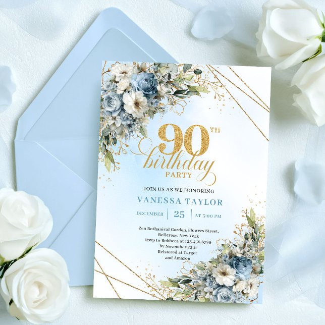 Romantic Dusty Blue White Floral 90th Birthday Einladung (Romantic Dusty Blue White Floral 90th Birthday

)