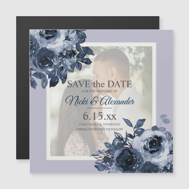 Romantic Dusty Navy Blue Foto Rett Date Magneteinladung (Vorne/Hinten)