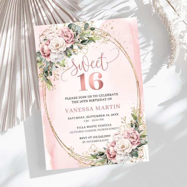 Romantic Dusty Pink Floral Greenery Sweet Sixteen Einladung (Romantic Dusty Pink Floral Greenery Sweet Sixteen)