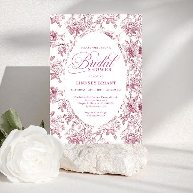 Romantic Dusty Rose Floral Toile Bridal Shower  Einladung (Romantic Dusty Rose Floral Toile Bridal Shower Invite)