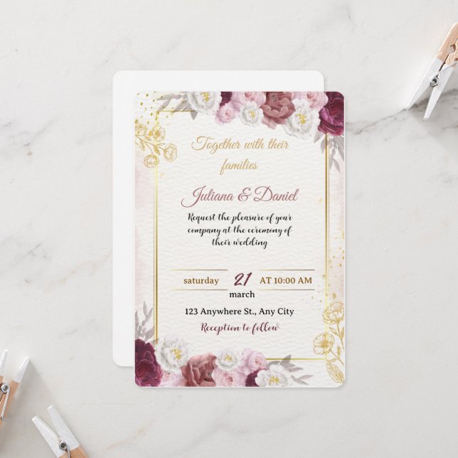 Romantic Dusty Rose Floral Wedding Invitation | Bo (Devant/Arrière en situation)