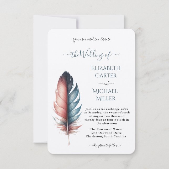 Romantic Dusty Rose Teal Feather  Wedding Einladung (Vorderseite)