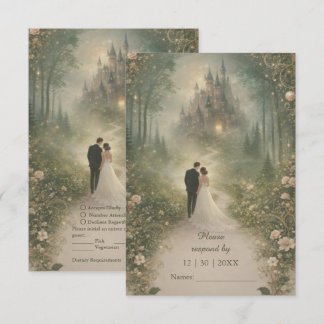 Romantic Fairytale Castle Forest Path Wedding RSVP Karte