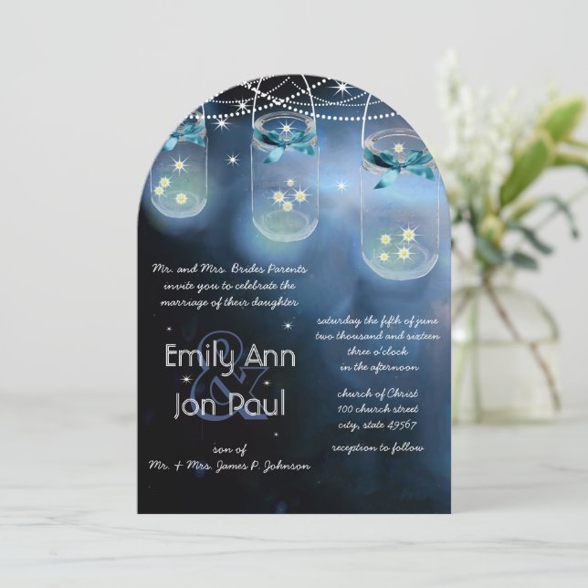 Romantic Firefly Mason Jar Wedding Einladung (Stehend Vorderseite)