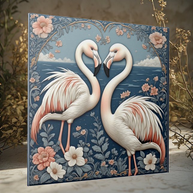 Romantic Flamingo Couple Art Deco Blue Pond Floral Fliese (Romantic Flamingo Couple Art Deco Blue Pond Floral Ceramic Tile)