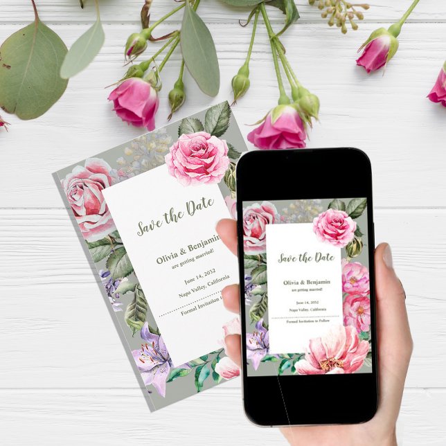 Romantic Floral Blush Garden Wedding Save the Date Ankündigung (Blush Garden Floral Wedding Announcement Card | Romantic Rose Botanical Flat Announcement)