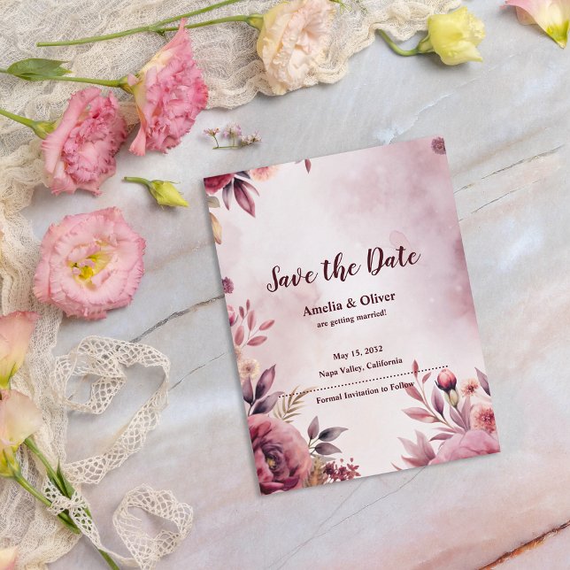 Romantic Floral Botanical Wedding Save the Date Ankündigungspostkarte (Blush Floral Wedding Announcement Postcard | Elegant Watercolor Botanical Wedding Card)