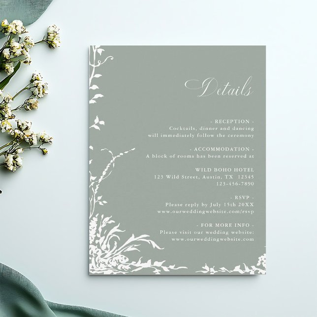 Romantic Floral Garden Wedding Details Sage Green Begleitkarte (Von Creator hochgeladen)