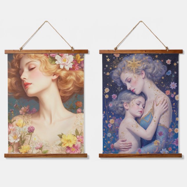 Romantic Floral Goddess – Wood Topped Wall Tapestr Wandteppich Mit Holzrahmen (Doppelt)