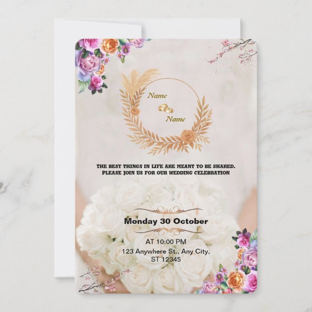 Romantic Floral Gold Wedding Invitation (Devant)