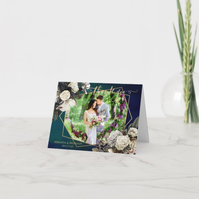 Romantic Floral Gold Wreath Foto Hochzeit Danke (Vorderseite)