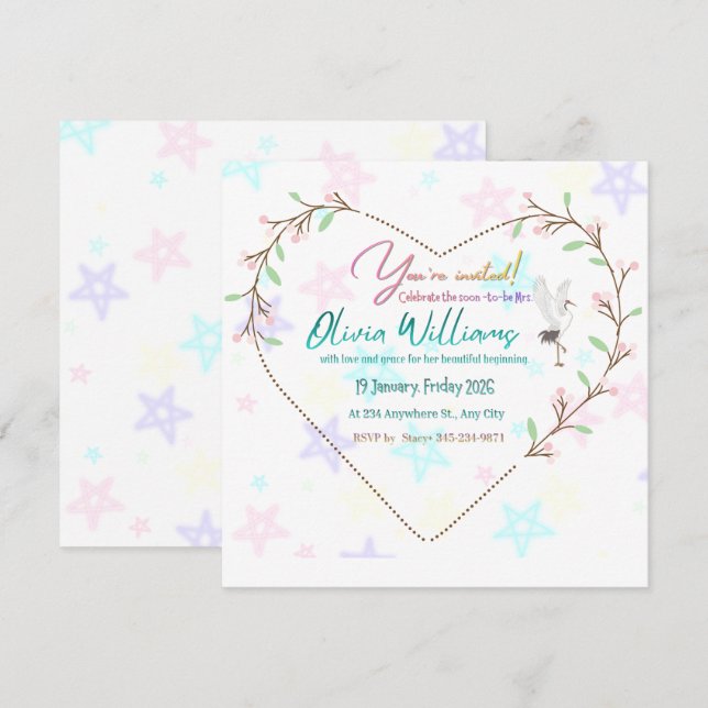 Romantic Floral Heart Bridal Shower Invitation | E (Devant / Derrière)